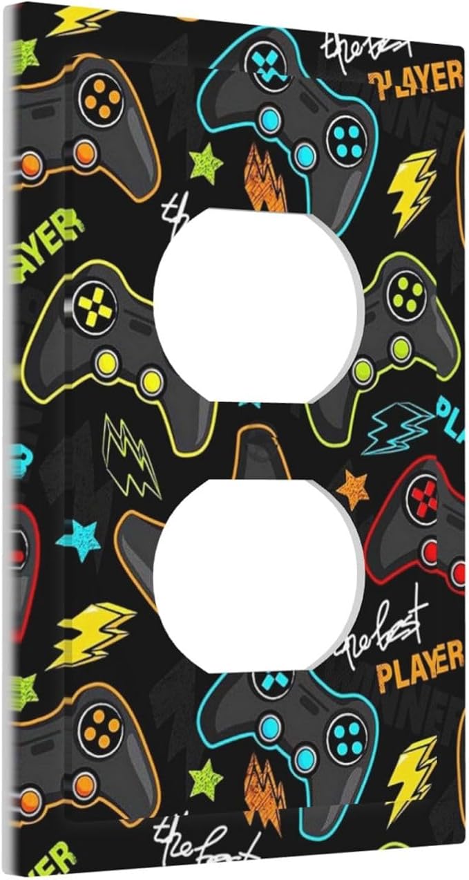 1 Gang Duplex Receptacle Switch Wall Plate Funny Graffiti Video Games Controller Gaming Gamer Teen Kids Boys Gamepad Switchplate Jumbo Size Electrical Outlet Cover Receptacle Plug Cover Faceplate
