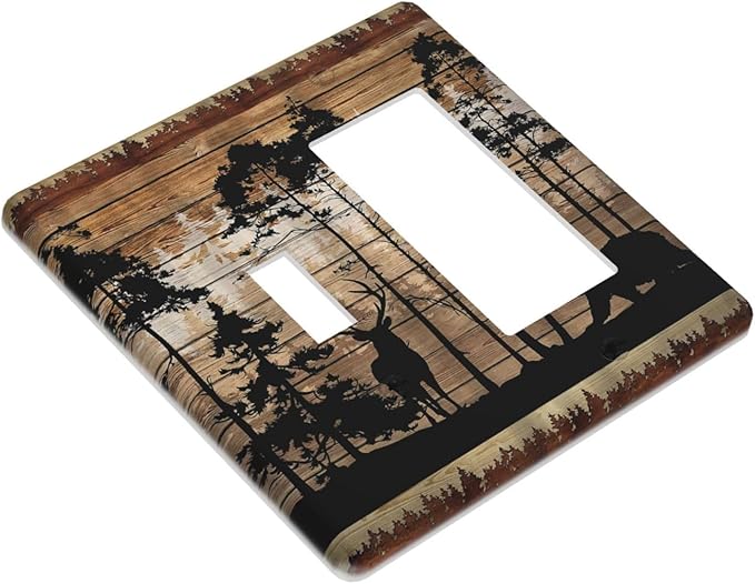 2-Gang 1-Toggle 1-Decora/GFCI Device Combination Wallplate Rustic Mountain Forest Antler Elk Bear Deer Silhouettes Hunting Animal Combo Rocker/Toggle Receptacle Outlet Light Switch Cover Face Plate