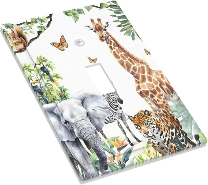 Elephant Giraffe Jungle Animals Leopard Zoo Decorative Light Switch Cover 1 Gang Single Toggle Device Electrical Faceplate Switchplates Decorator Outlet Wall Plate for Kids Room Nursery Decor