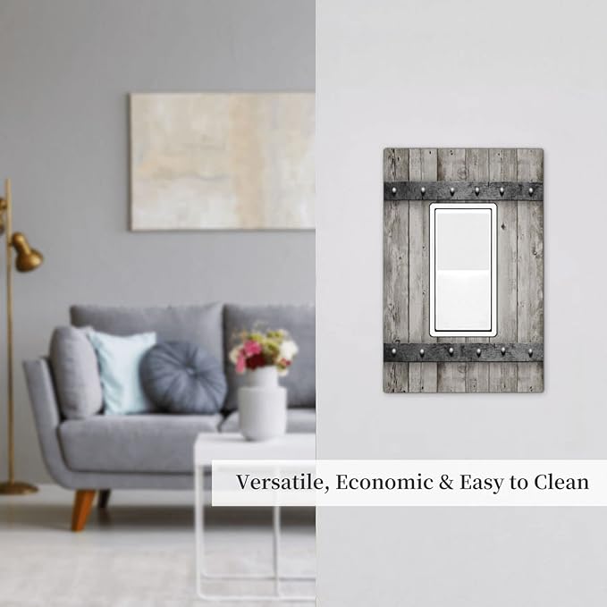 Farmhouse Grey Wood Barn Door Single Rocker Outlet Wall Plate Decorative 1 Gang Decora Electrical Rustic Country Gray Wall Plates Gfci Switchplate Plastic Faceplate for Kitchen Bathroom Home Decor