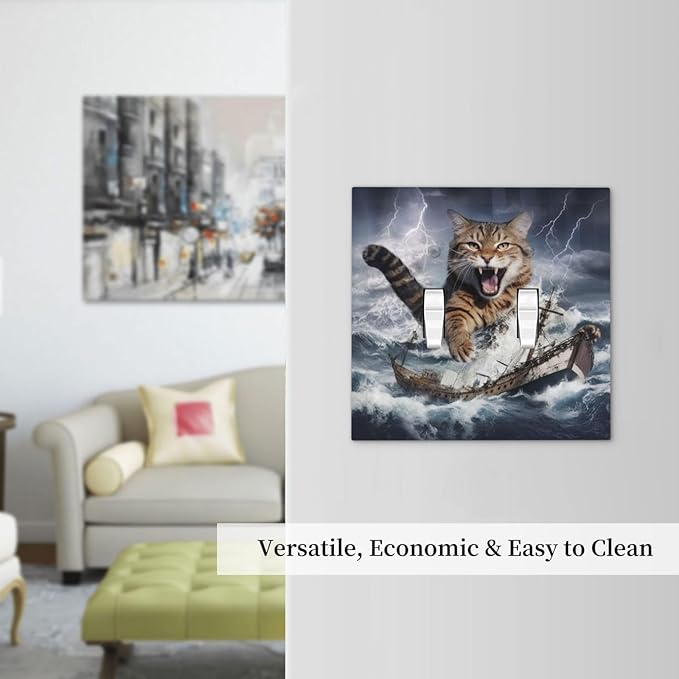Decorative Light Switch Plate Covers Funny Cat Sea Ship Ocean Billow Wave Novelty 2 Gang Wall Plate Double Toggle Switch Cover Plate Electric Dual Device Electrical Faceplate