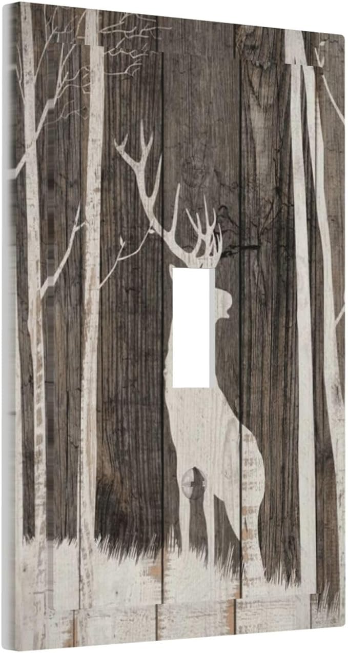 Vintage Wood Forest Deer Wildlife Animal Silhouette Decorative Light Switch Cover 1 Gang Single Toggle Device Electrical Faceplate Switchplates Decorator Outlet Wall Plate for Farmhouse Home Decor