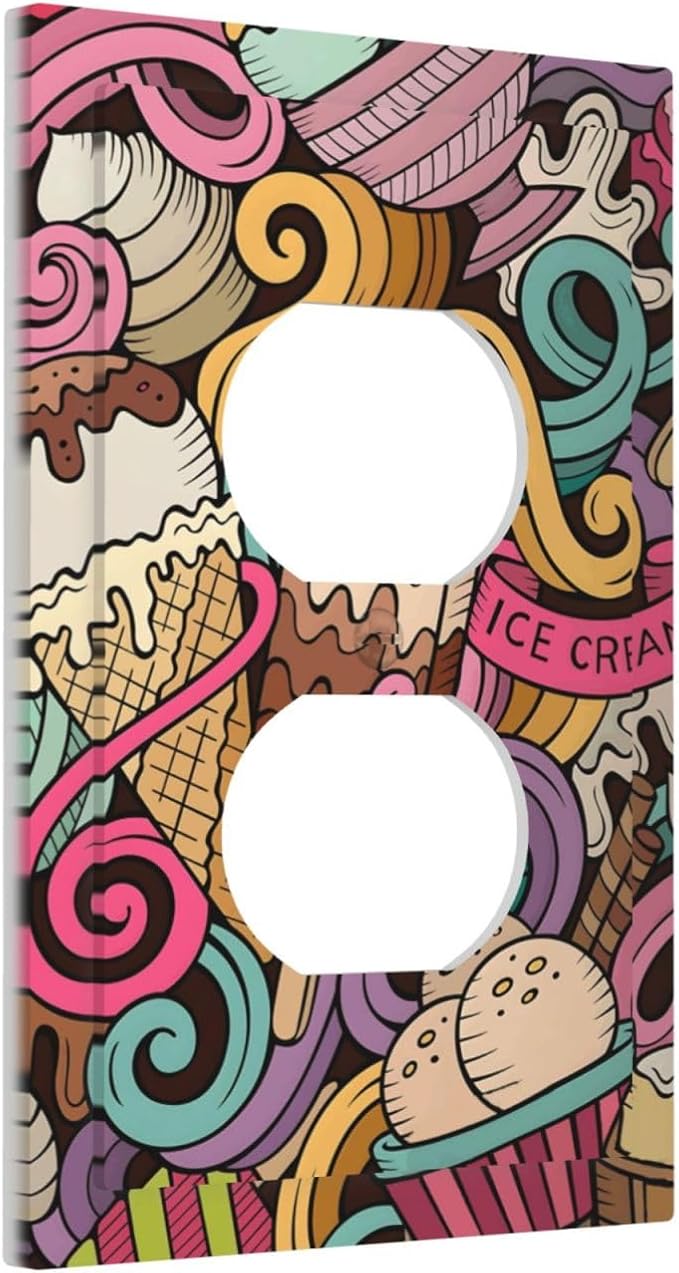 Cartoon Hand Drawn Ice Cream Doodles Colorful Print Outlet Covers 1 Gang Duplex Light Switch Cover Decorative Switch Plates Electrical Receptacle Faceplate Wall Plate for Kids Room Nursery Decor