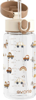 Evorie Tritan Kids Water Bottle with Straw, 13oz BPA-Free Leak Proof Drinking Bottle for School & Travel, Clear Water Bottle with Carry Strap, Dishwasher Safe, for Kids Ages 3+ (Choco Car)