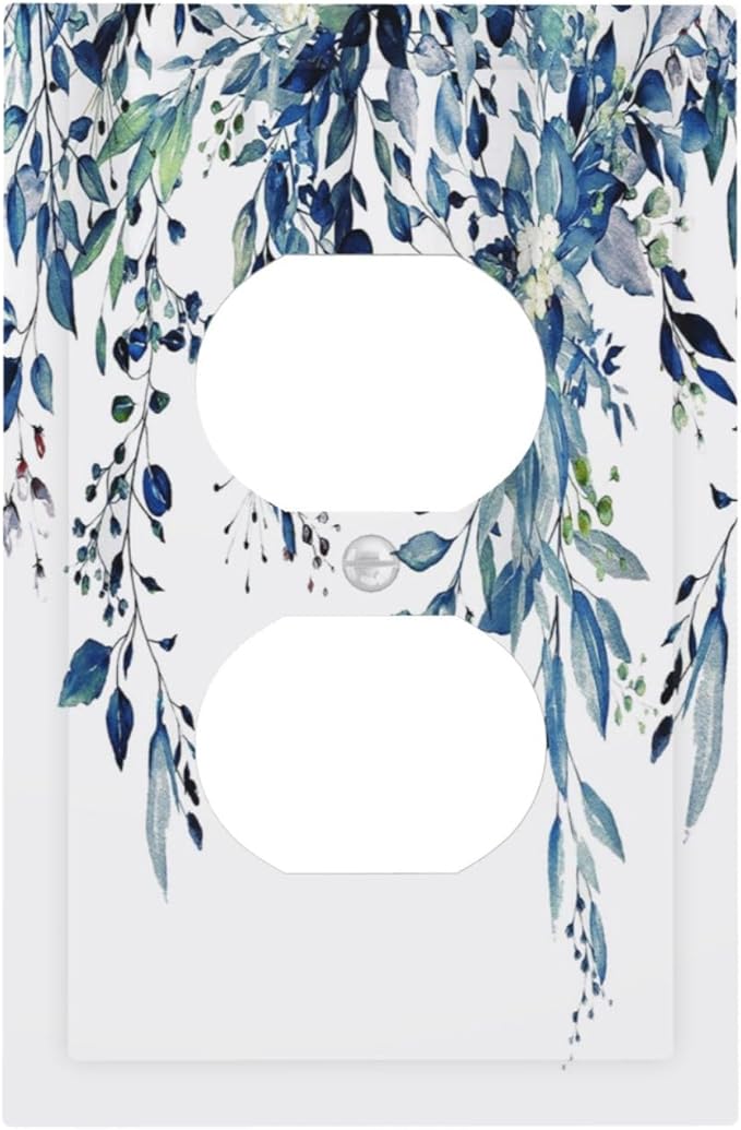 Blue Eucalyptus Watercolor Leaves 1 Gang Outlet Plate Covers Decorative Single Duplex Wall Plate Electrical Receptacle Light Switch Cover Art Faceplate Switchplate for Bedroom Living Room Decor