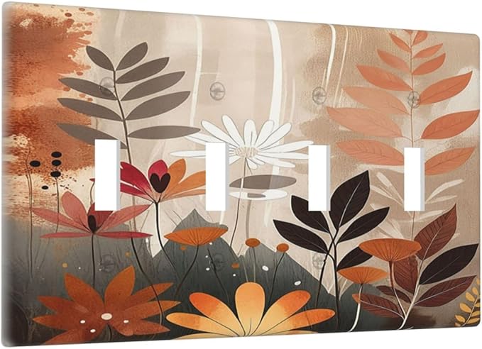 Boho Minimalist Vintage Wildflowers Plant Floral Art Watercolor Light Switch Covers Quad Toggle 4 Gang Wall Plate Decorative Switch Plates Electrical Faceplate for Bedroom Living Room Decor