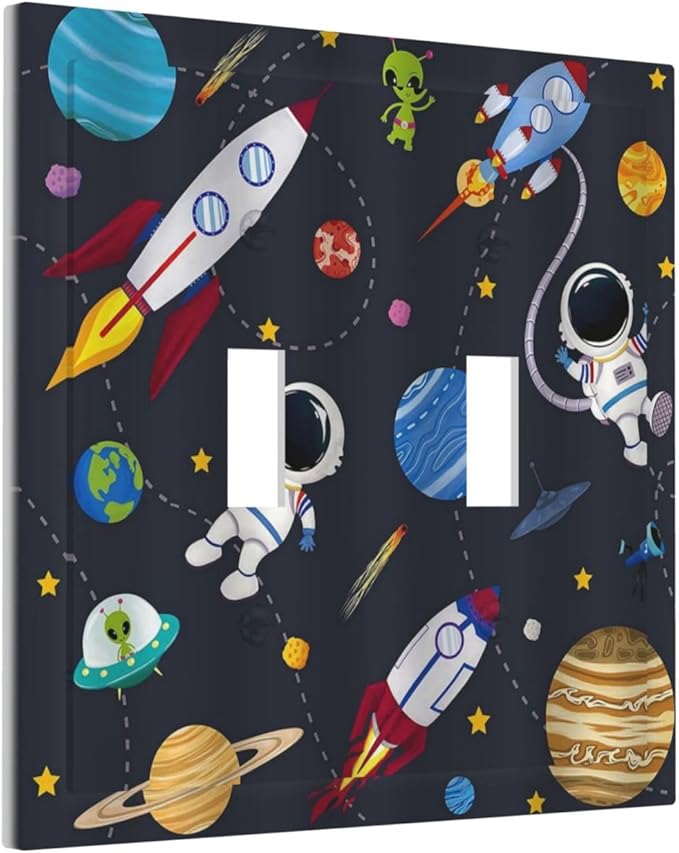 Rocket Planets Astronaut Blue Decorative 2 Gang Light Switch Plate Cover Double Toggle Wall Plate Decorative Switchplate Electrical Faceplate for Nursery Kidsroom Bedroom Decor