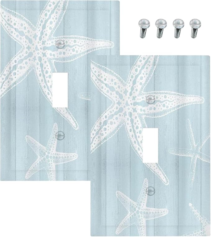 Outlet Covers Blue Wooden Plank Starfish Ocean Vintage 1 Gang Duplex Light Switch Cover Plate Decorative Wall Plates Electrical Switchplate Receptacle for Bathroom Bedroom Decor（2 Pack）