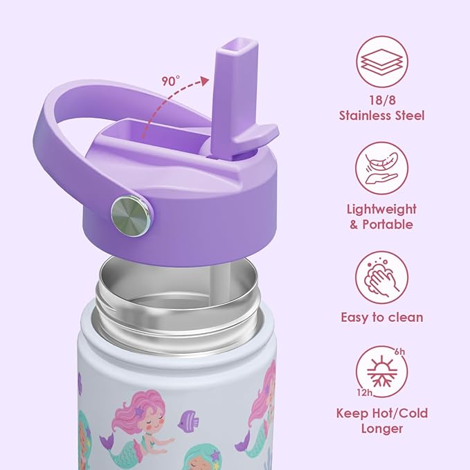 SANDJEST Kids Water Bottle with Straw Lid, Pack of 2 Insulated 12 Oz Stainless Steel Water Bottles for Girls, Travel Cup for School Sports, Bow - Mermaid