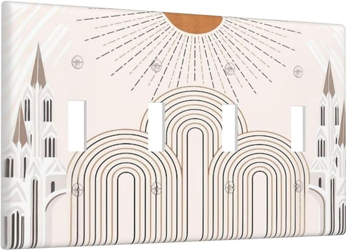 Decorative Light Switch Plate Covers Mid Century Gold Sun Minimalist Arch Line Castle 4 Gang Wall Plate Switch Cover Plate Quad Toggle Jumbo Electrical Faceplate for Bedroom Decor