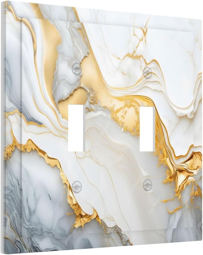 Exquisite White Gold Marble Abstract Luxurious Print Decorative Switch Plates 2 Gang Double Toggle Outlet Light Switch Cover Wall Plate Electrical Faceplate for Bathroom Kitchen Decor