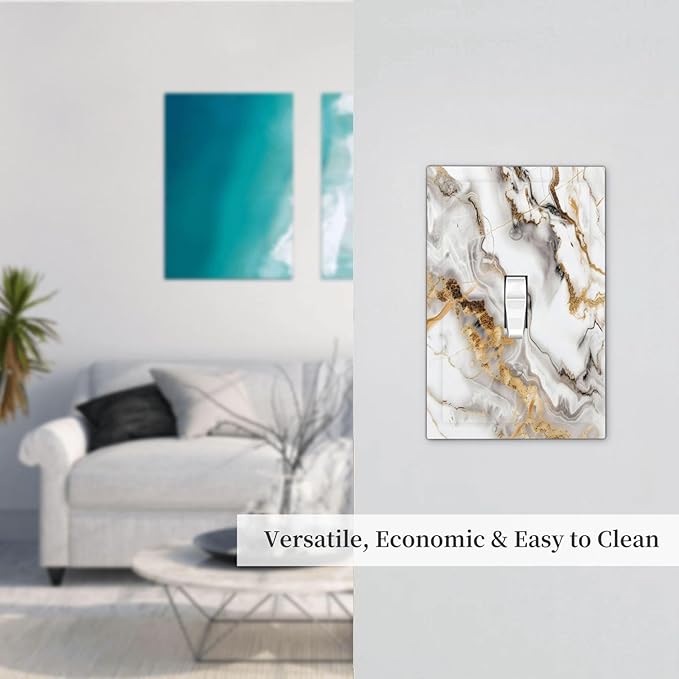 Luxurious Marble Abstract White Gold Tile Modern Simplicity Decorative Light Switch Cover 1 Gang Single Toggle Device Electrical Faceplate Switchplates Decorator Outlet Wall Plate for Bathroom Kitchen
