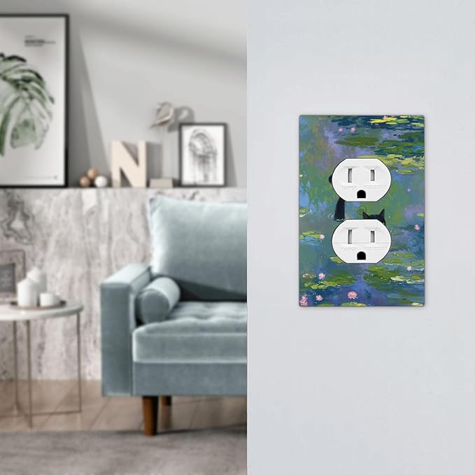 Decorative Outlet Covers Cute Black Cat Water Lily Pond Watercolor 1 Gang Duplex Light Switch Cover Plate Electrical Switch plates WallPlates Socket Covers for Kids Room Nursery Decor