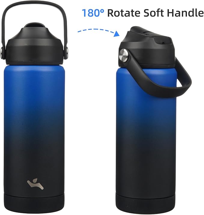 Konokyo Insulated Water Bottle with Straw Lid,18 oz Stainless Steel Vacuum Metal Bottle with Silicone Handle,Black Blue
