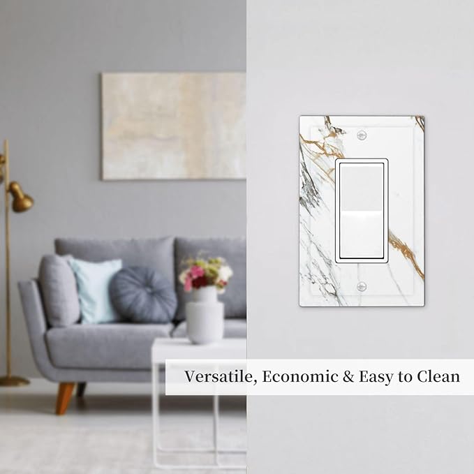 White Gold Marble Modern Abstract Luxury Print Decorative Outlet Covers 1 Gang Single Rocker Light Switch Cover Plate Wall Plates GFCI Faceplate for Bathroom Kitchen Decor