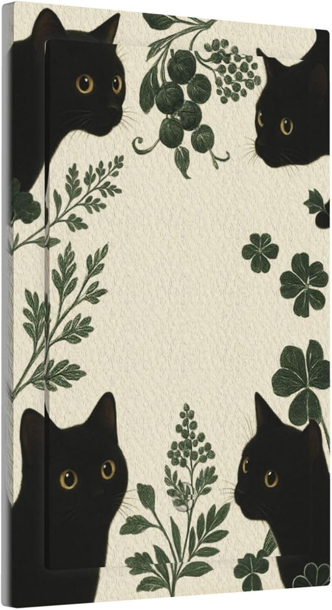 Decorative Light Switch Cover Plate Funny Black Cat Green Leaf 1 Gang No Device Single Blank Outlet Covers Wall Plates for Electrical Outlets Faceplate for Bedroom Home Decor