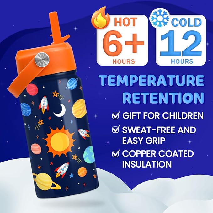Space Water Bottle - Kids Water Bottle with Straw Lid - 12 Oz Insulated Stainless Steel Water Bottles for Kid Boys Girls - Travel Cup for School Sports