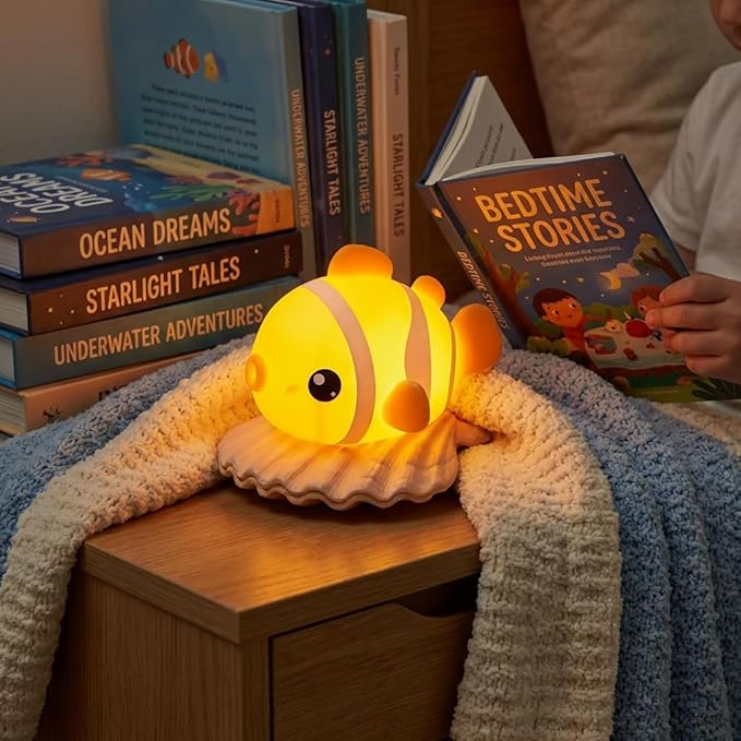 Cute Clownfish Night Light - Silicone Pat Pat Lamp with 3-Level Brightness Adjustment, Timer Function, Rechargeable Touch Control Nursery Nightlight for Baby Bedroom Decor