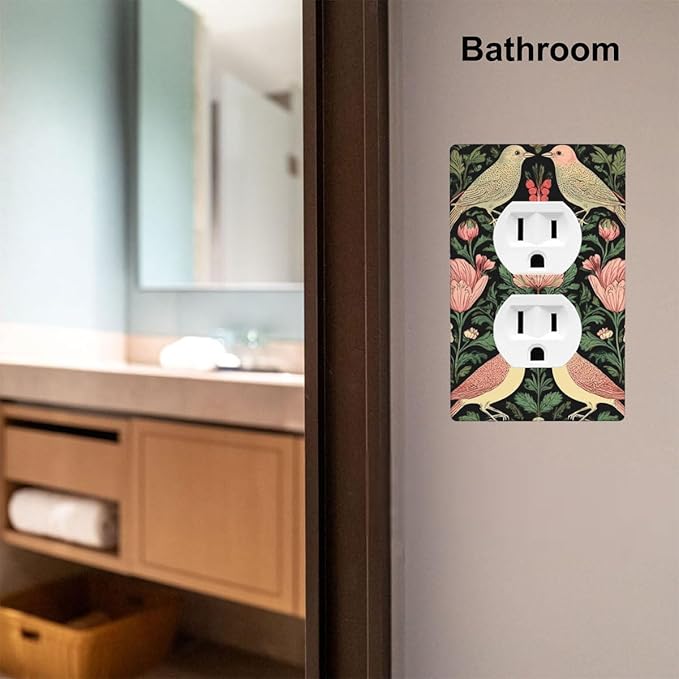 Vintage Bird Floral 1-Gang Duplex Wall Plate, Dark Green Bird Flower Outlet Cover Decorative Faceplate for Bedroom, Sunroom & Home