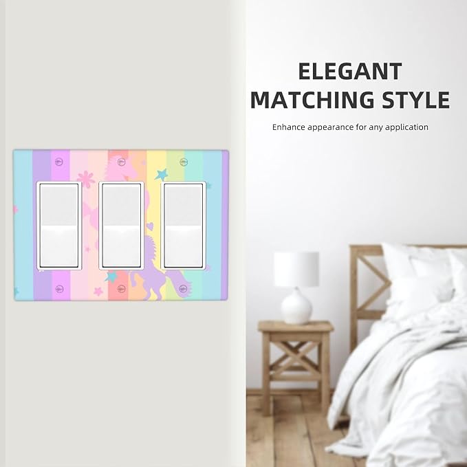Cute Purple Pink Rainbow Unicorn 3 Gang Rocker Outlet Covers Triple Rocker Light Switch Cover Switchplates Wall Plate Decorative Electrical Faceplate for Nursery Girls Boys Room Kids Room Decor