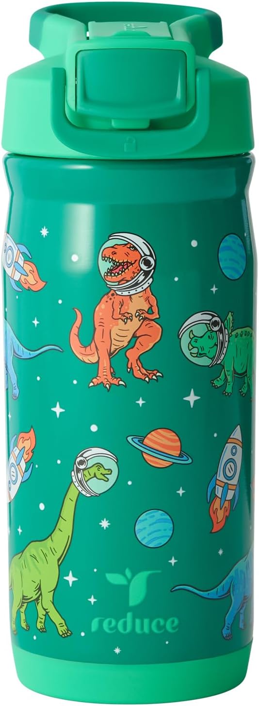 Reduce Hydrate Pro Kids 14oz Stainless Steel Insulated Water Bottle w/Straw – Spill Proof Tumbler for Kids – 30 Hour Cold Retention – Dishwasher Safe Leak-Proof Design - Jurassic Space