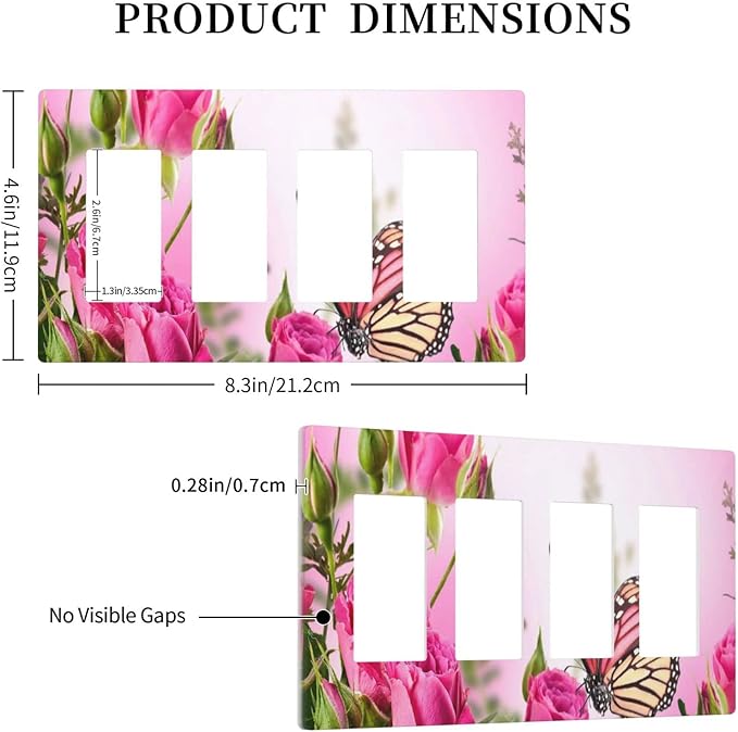 Floral Butterfly Pink Rose 4 Gang Quad Rocker/Decor Light Switch or Receptacle Outlet Wall Plate Cover Plate Decorative Electrical Faceplate for Bathroom Room Decorate Jumbo Standard Size 8.3" x 4.6