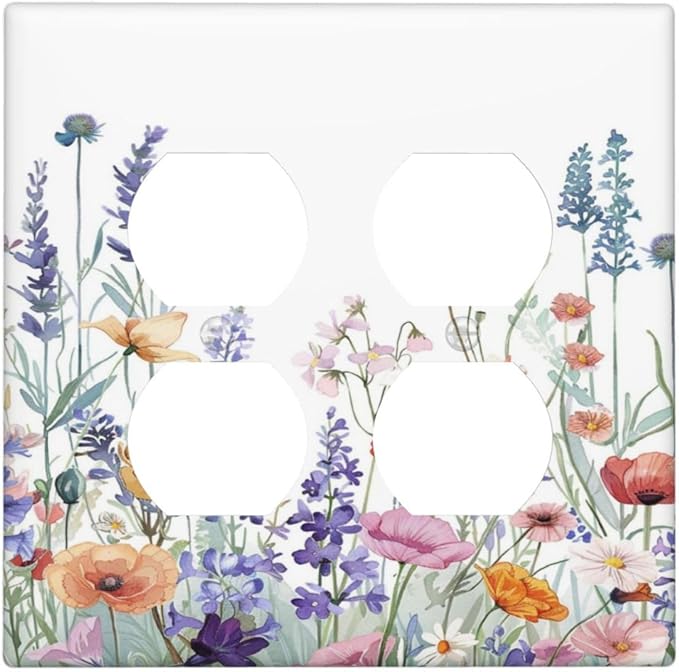 Colorful Floral Purple Lavender Flower Leaves Plants Outlet Covers 2 Gang Double Duplex Decorative Light Switch Covers Electrical Wallplates Socket Faceplate for Bed Room Living Room Decor