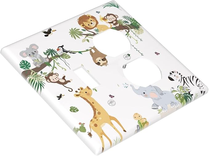 Jungle Animals Tree Branch Monkey Giraffe Lion Elephant Wallplates 1 Toggle 1 Duplex Switch Plate Electrical GFCI Faceplate Decorative Light Switch Covers for Kids Room Nursery Decor