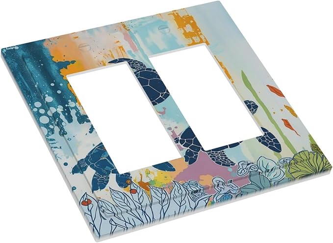 Decorative Outlet Covers Colorful Ocean Sea Turtle Marine Life 2 Gang Double GFCI Rocker Electrical Wall Panels Light Switch Cover Plate for Kids room Bedroom Decor