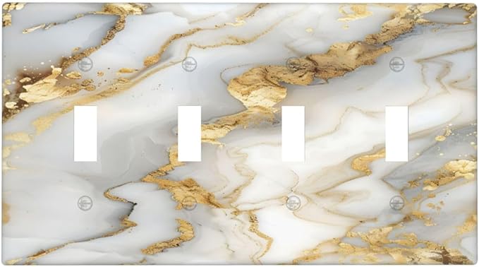 Luxurious White Gold Marble Patterns Abstract Light Switch Covers Quad Toggle Electrical Faceplate 4 Gang Wall Plate Decorative Switch Plates Cover for Bathroom Kitchen Decor