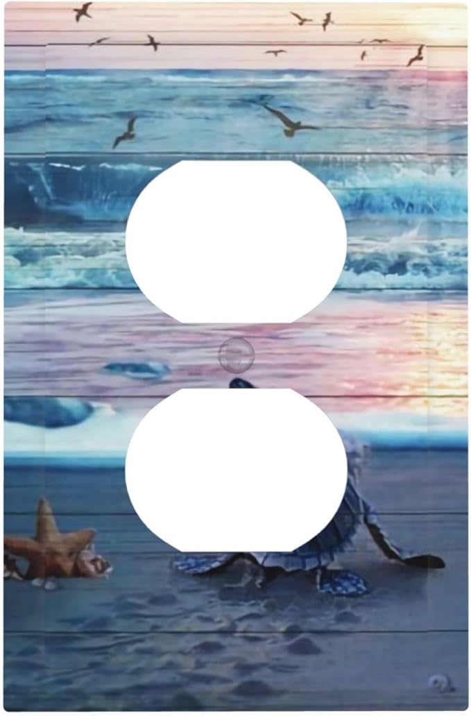 1 Gang Duplex Receptacle Outlet Cover Nautical Sea Beach Sea Turquoise Blue Turtle Seashells Conch Starfish Ocean Marine Electrical Wall Plate One Gang Dual Device Light Switch Faceplate Socket Cover