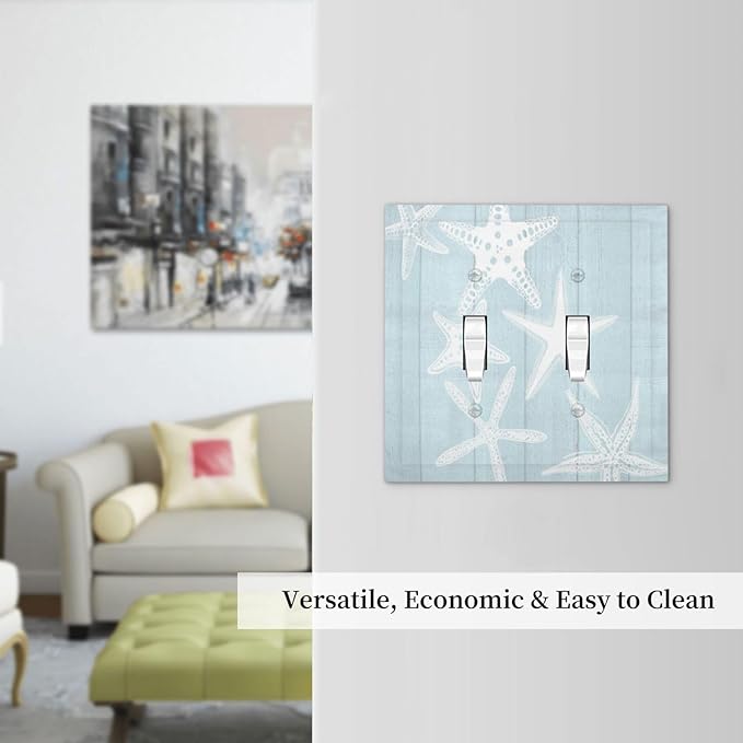 Beach Starfish Vintage Wood Rustic Country Ocean Decorative Switch Plates 2 Gang Double Toggle Outlet Light Switch Cover Wall Plate Electrical Faceplate for Farmhouse Kids Room Decor