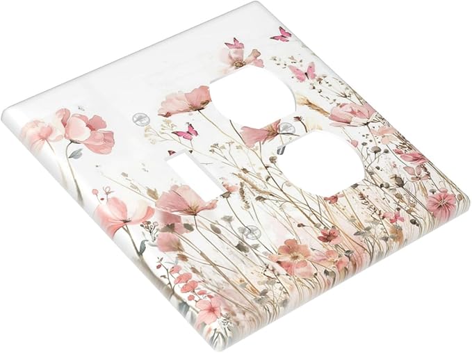Boho Floral Watercolor Pink Wildflower Butterfly Wallplates 1 Toggle 1 Duplex Switch Plate Electrical GFCI Faceplate Decorative Light Switch Covers for Bedroom Living Room Decor
