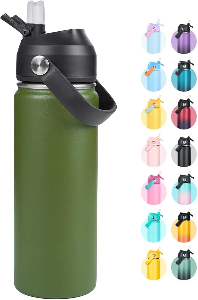 Fijinhom 32oz Insulated Stainless Steel Water Bottle, Wide Mouth Double Wall Vacuum, Silicone Straw, Sweat & Leak Proof, BPA Free Insulated Water Flask for Travel, Keep Cold 24h Hot 12h, Green