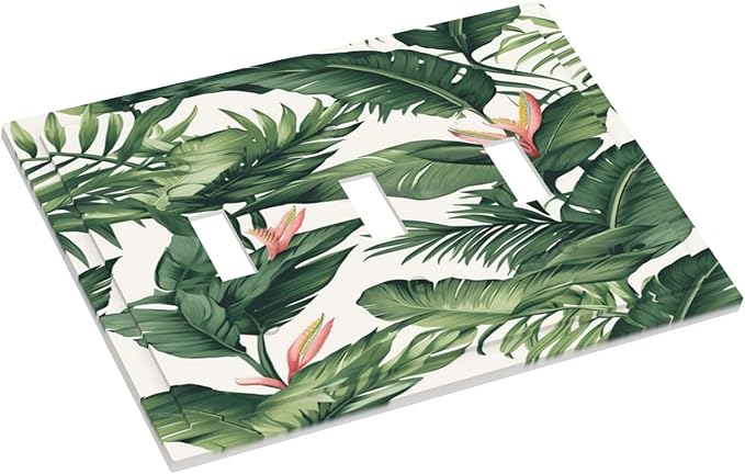 Tropical Leaf Jungle Botanical Palm Tree Greenery Floral Decorative Switch Plates 3 Gang Wall Plate Triple Toggle Light Switch Cover Faceplate Electrical Wall Panels for Bedroom Living Room Decor