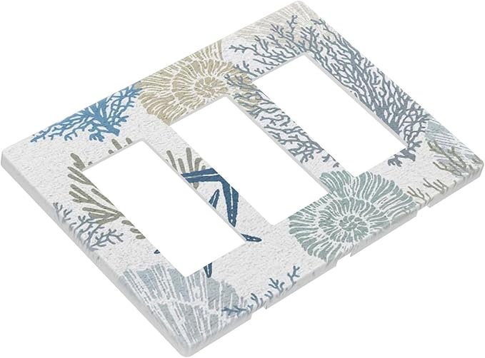 Blue Nautical Beach Coral Starfish 3 Gang Triple Rocker/Decorator Light Switch Wall Plate Cover Decorative GFCI Electrical Faceplate Switchplate Dimmer