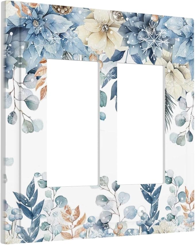 Blue Vine Snowflake Plants Leaves Floral Flowers Decorative Outlet Covers 2 Gang Double GFCI Rocker Electrical Wall Panels Light Switch Cover Plate for Bedroom Living Room Decor