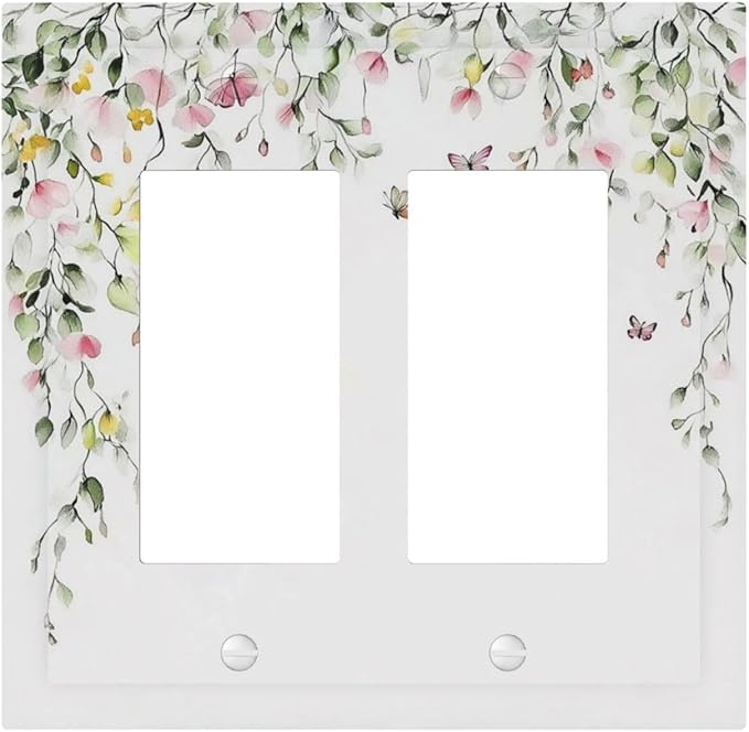 Watercolor Flowers Vine Colorful Butterfly Floral Decorative Outlet Covers 2 Gang Double Gfci Rocker Electrical Wall Panels Light Switch Cover Plate For Bed Room Living Room Decor