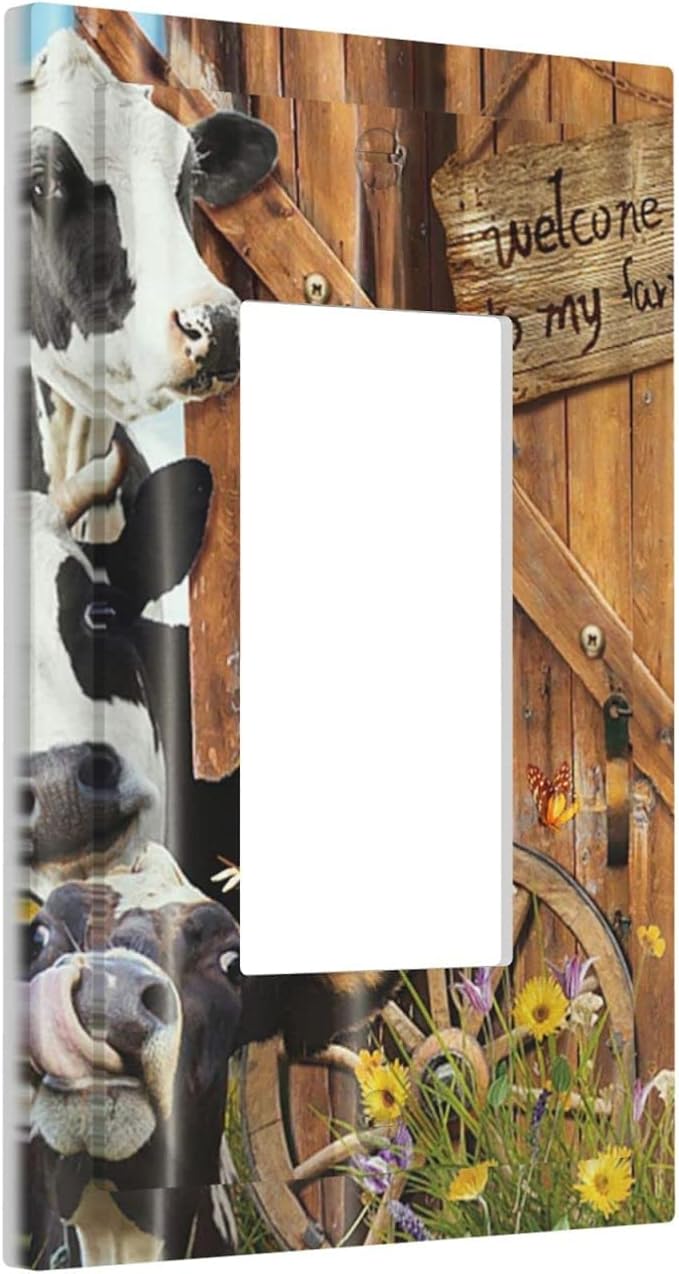 Decorative Switch Plate Covers Farm Cow Farmhouse Barn Door Rustic Vintage Wooden 1 Gang Single Decora GFCI Device Light Switch Cover Country Wildlife Funny 1 Rocker Outlet Wall Plate Faceplate
