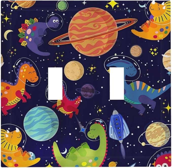 Ocean Blue Cute Cartoon Dino Kids Dinosaur 2 Gang Double Toggle Outlet Light Switch Wall Plate Outlet Cover Astronaut Universe Galaxy Outer Space Planet Nebula Boys Electrical Faceplate Switchplate