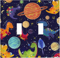 Ocean Blue Cute Cartoon Dino Kids Dinosaur 2 Gang Double Toggle Outlet Light Switch Wall Plate Outlet Cover Astronaut Universe Galaxy Outer Space Planet Nebula Boys Electrical Faceplate Switchplate
