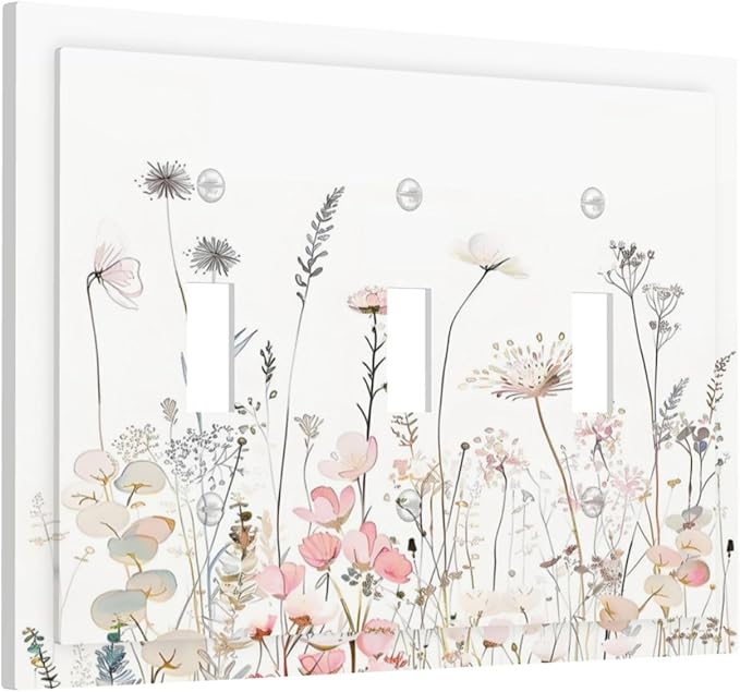 Floral Watercolor Wildflower Dandelion Plant Decorative Switch Plates 3 Gang Wall Plate Triple Toggle Light Switch Cover Faceplate Electrical Wall Panels for Farmhouse Bed Room Decor