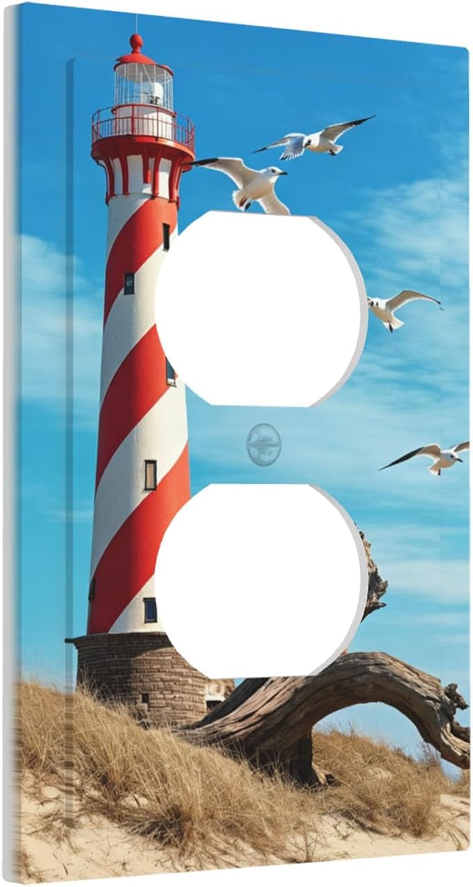 Lighthouse Coastal Scene Duplex Wall Plate - 1-Gang Standard US Size Nautical Coastal Beacon Outlet Covers for Living Room Bathroom Decor