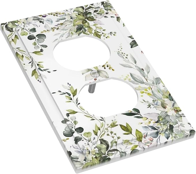 Eucalyptus Sage Green Leaf Plant Floral Outlet Covers 1 Gang Duplex Light Switch Cover Decorative Switch Plates Electrical Receptacle Faceplate Wall Plate for Bedroom Living Room Decor