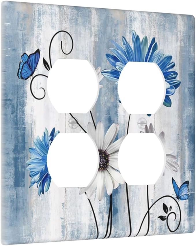 Decorative Outlet Covers Rustic Teal Blue Daisy Floral Farmhouse 2 Gang Double Duplex Light Switch Cover Wall Plates Electrical Socket Cover Art Faceplate for Bathroom Bedroom Decor