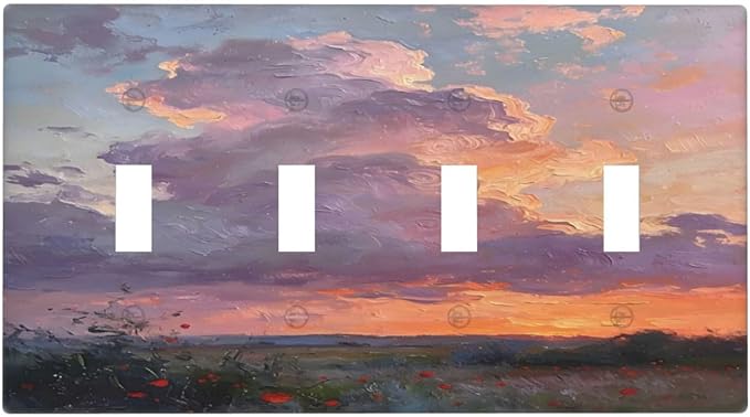 Abstract Sunset Dusk Natural Scenery Wild Flowers Light Switch Covers Quad Toggle Electrical Faceplate 4 Gang Wall Plate Decorative Switch Plates Cover for Farmhouse Bedroom Decor