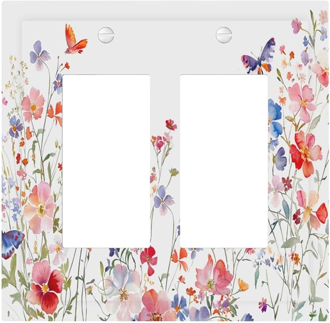 Colorful Flower Watercolor Floral Butterfly Bird Decorative Outlet Covers 2 Gang Double GFCI Rocker Electrical Wall Panels Light Switch Cover Plate for Bedroom Living Room Decor