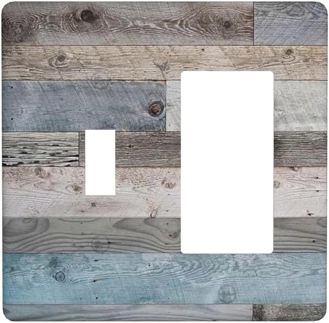 Rustic Vintage Kitchen 2-Gang 1-Toggle 1-Decorator/GFCI Device Combination Wallplate Western Blue Grey Wood Plank Country Barn Door Combo Toggle Receptacle Rocker Outlet Light Switch Cover Face Plate