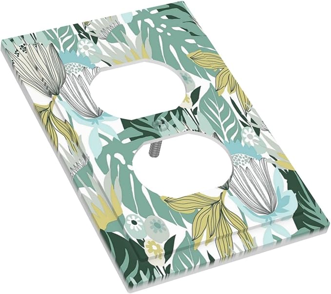 Retro Tropical Leaves 1 Gang Wall Plate Single Duplex Outlet Cover Receptacle Decorative Light Switch Cover Plate Electrical Faceplate Socket for Bedroom Bathroom Kitchen Decor