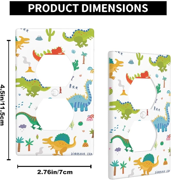 Dinosaur Outlet Covers Colorful Dinosaurs White Duplex Receptacle Wall Plate Standard 1 Gang Plug Cover for Teen Boy Girl Room Wall Wart Decor